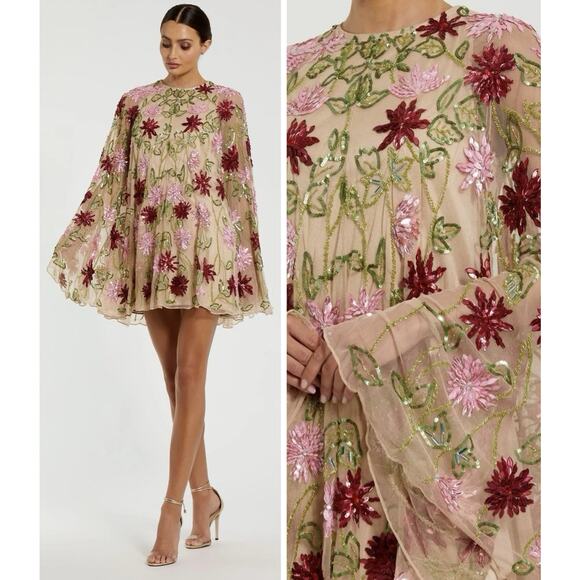 MAC DUGGAL 6123 Embellished Shawl Mini Dress 14 Beige Floral Beading A-Line NWT - Picture 1 of 16